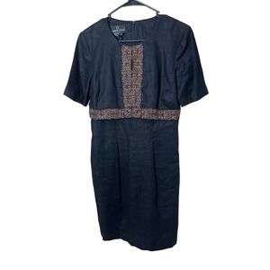 Vintage Carole Little Dress Womens Dress Linen‎ Embroidery Black Size 8